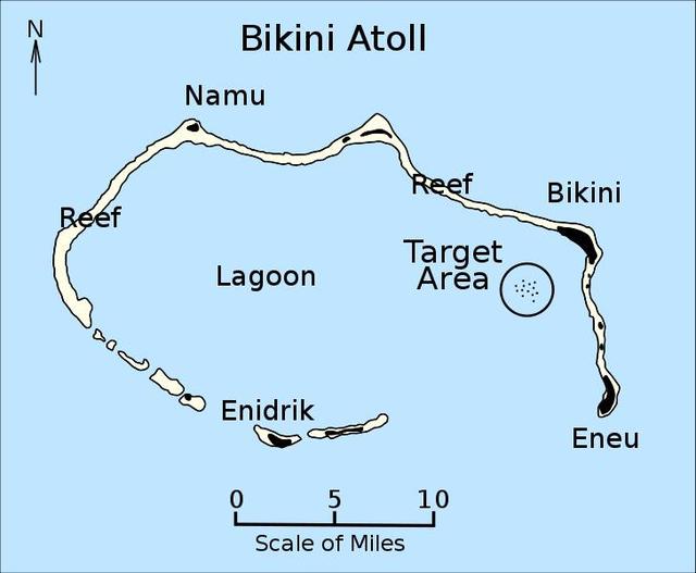 比基尼环礁及其潟湖和十字路口试验地地图