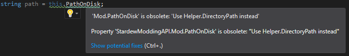 Modding - updating deprecated SMAPI code - deprecation intellisense.png